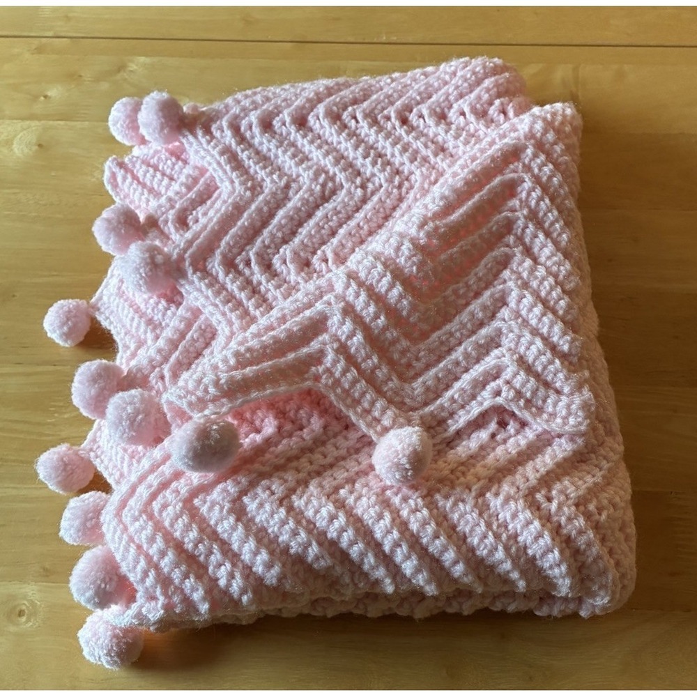 Pink Crochet Chevron Baby Blanket w/ Pom Poms Bohemian Handmade 27 X 45